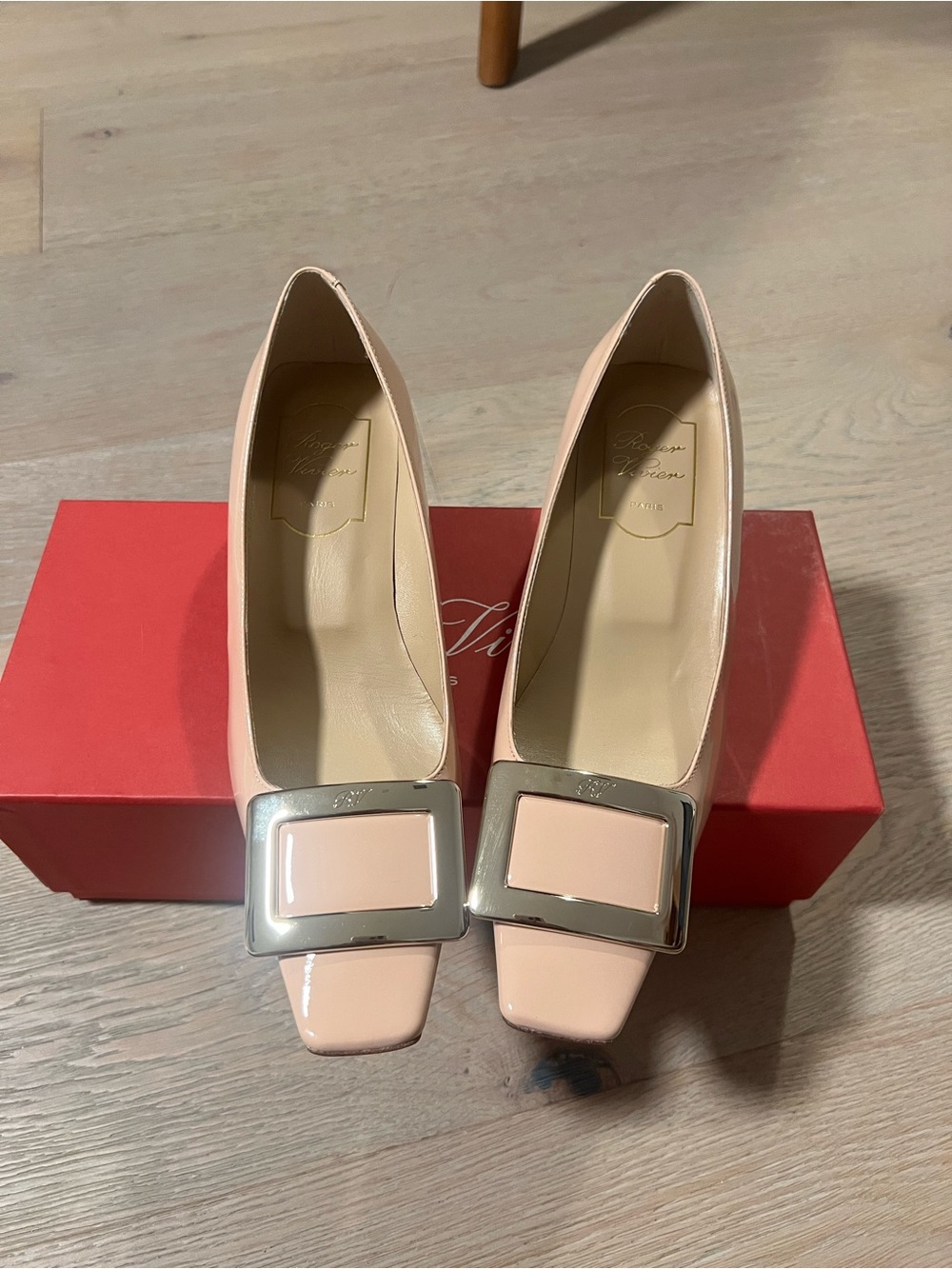 Roger Vivier Pink Patent Square-Toe Pumps with Silver Buckle
